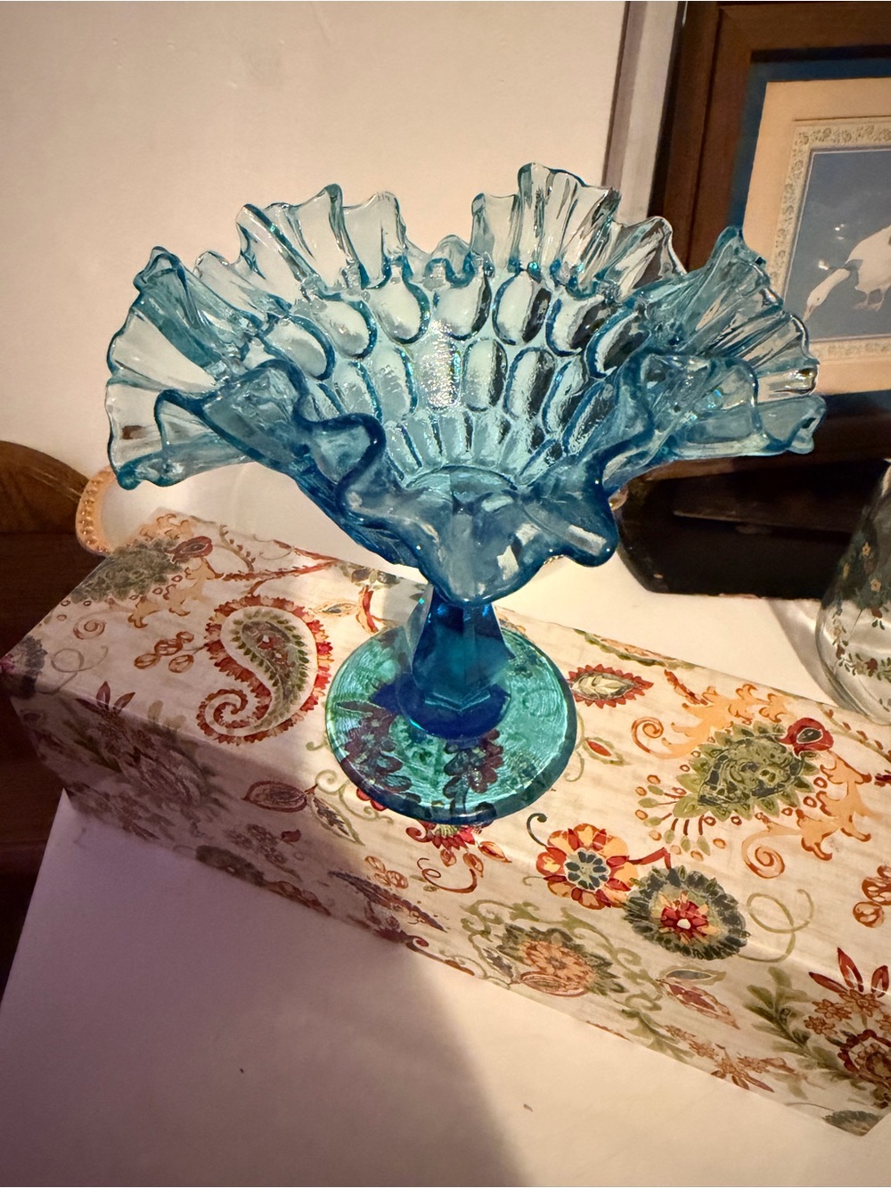 Fenton Blue Ruffled Glass Compote